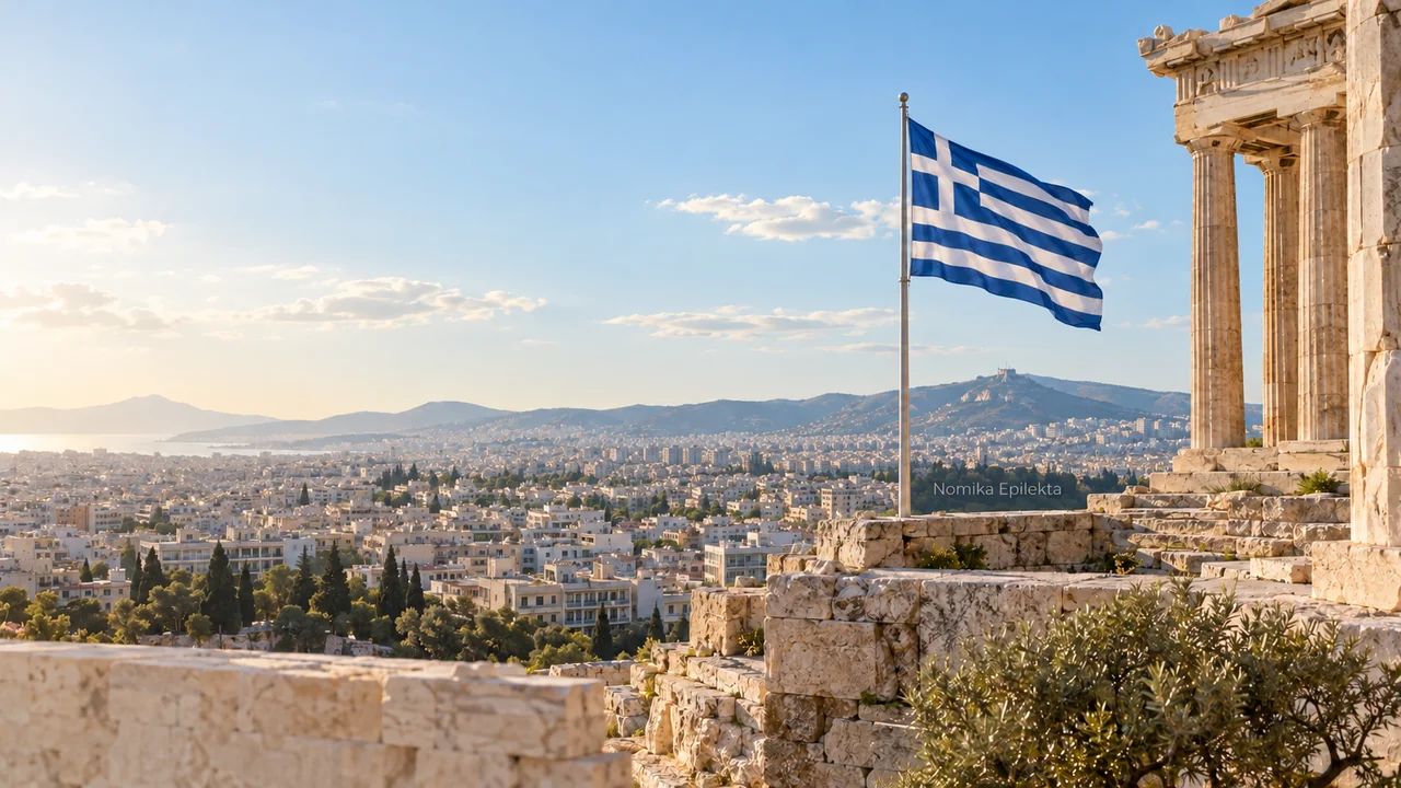 Πανοραμική θέα της Αθήνας από την Ακρόπολη με ελληνική σημαία
