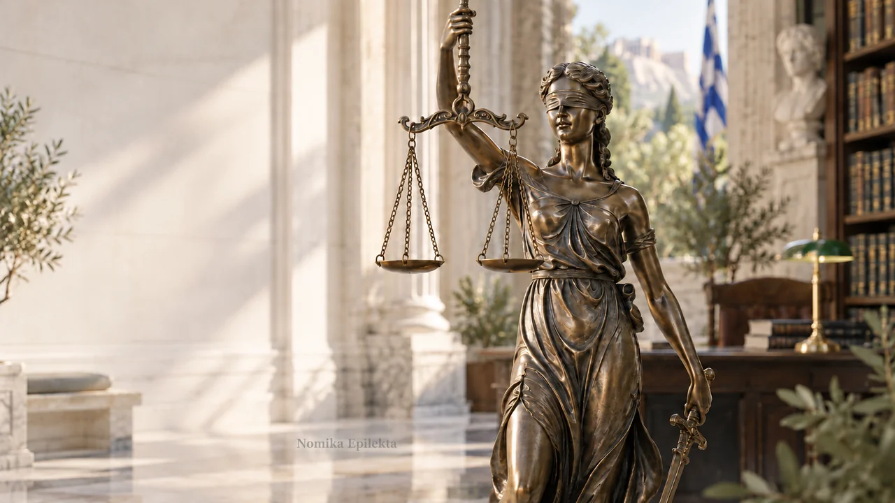 Χάλκινο άγαλμα της Δικαιοσύνης που κρατά ζυγαριά